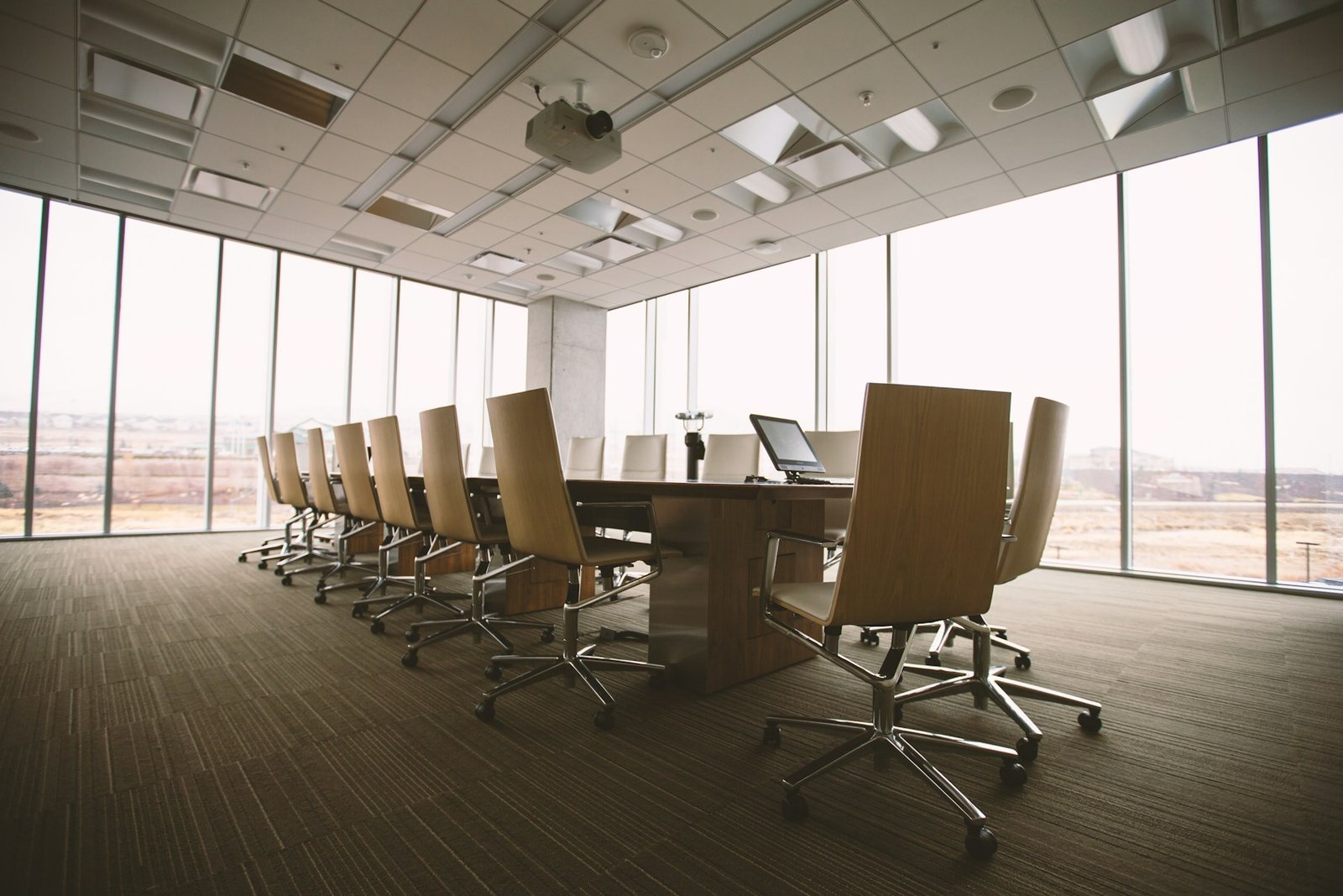 Conference room with a coordinated suspended ceiling, lighting and services